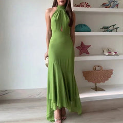 Casual Backless Halter Lace-up Office Solid High Waist Slim Ruffle Dress