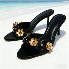 Novelty Metallic Flower Crystal Detail Slippers Peep Toe Luxury Heel