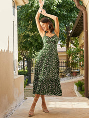 Floral Print Bow Tie Sleeveless Open Back Ruffle Trim Dress