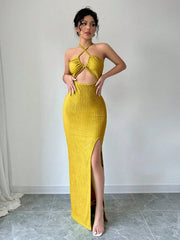 Halter Neck Lace-Up Hollow Out High Slit Maxi Sheath Dress