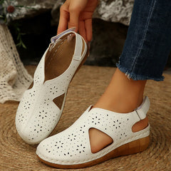 Casual Breathable Hollow Out Slip-On Roman Sandals with Magic Tape Fish Mouth Stitching PU Material Comfortable Heel