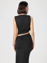 Casual Knitted Solid Color Slim Sleeveless Pullover Vacation Long Skirt Set