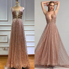 Deep-V Tulle Glitter A-Line Evening Dresses