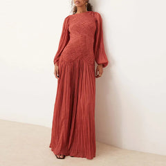 Pleated Long Lantern Sleeve Folded Loose Holiday Beach Maxi Dresses