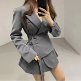Notched Solid Color Double Lace-up Gathered Waist Office Lady Mini Dresses