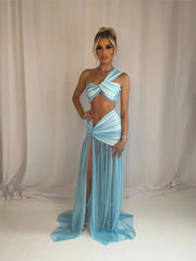 Elegant One Shoulder Crop Top And Maxi Skirt 2 Piece Set