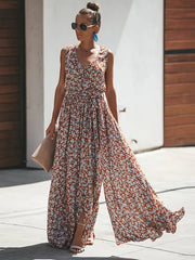 Floral Sleeveless V Neck Split Maxi Dresses