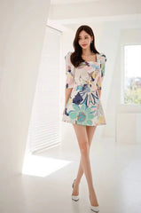 Elegant Full-sleeve Square Neck Retro Print Slim Office Party Mini Dress