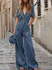 Casual Button Down Long Pants Rompers with Pockets Short Sleeve Denim Jumpsuit