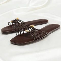 Brown Narrow-Strap Woven Design Flat Slippers Light Comfortable Sandals for Wome Metal Decorations Beach Shoes