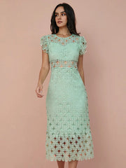 Hollow Lace Solid Ruffle Sleeve Midi Dress