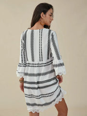 Bohemian Geo Print Lace Stitch V-neck Midi Dress