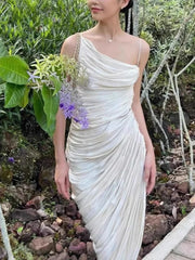 Elegant Diagonal Collar Sleeveless Patchwork Slimming Irregular Folds Maxi Dress