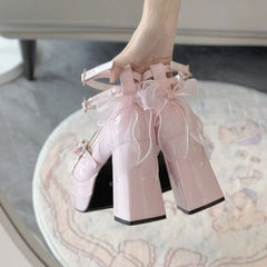 Sweet Pink Lace Bow Brand Mary Jane Shoes