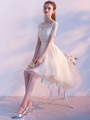 Short Sleeve Lace Applique Sash Round Neck A Line High Low Party Dresses