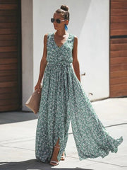 Floral Sleeveless V Neck Split Maxi Dresses