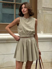 Casual Wear Cotton And Linen Sleeveless Crop Top And Mini Skirt 2 Piece Set