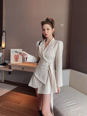 Elegant One-piece Office Lady Sashes Design Long Sleeve Mini Party Blazer Dress