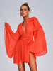 Casual Belt Backless Lace-up Ruffled Deep V-Neck Flare Long Sleeve Pleated Mini Dress