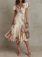 Women's Stylish Wrap Floral Printed Midi Dress
