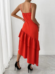 Solid Spliced Ruffles Square Neck Sleeveless High Waist Temperament Dress