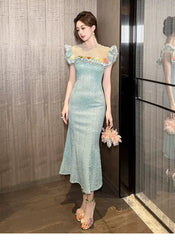 Luxurious Elegant Pearl O-neck Flowers Ruffles Delicate Dress