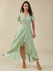 Floral Print Slit Knotted Short Sleeve Big Swing Maxi Dress