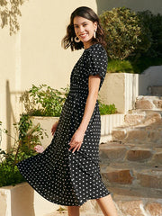 Dot Print Pocket Elastic Waist Retro Short Sleeve Dress
