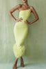 Elegant Strapless Sleeveless Spaghetti Strap Feather Backless Bodycon Midi Dress