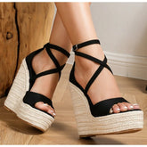 Size 35-42 Platform Wedge Sandals Thick Bottom Open Toe Buckle Strap Black High Heel