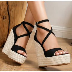 Size 35-42 Platform Wedge Sandals Thick Bottom Open Toe Buckle Strap Black High Heel