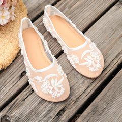 Embroidery String Bead Mesh Ballet Flats Pink Pearl Mary Jane Shoes