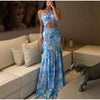 Casual Backless Off Shoulder Patchwork Ruffle Hollow Out Printed Halter Long Maxi Dress