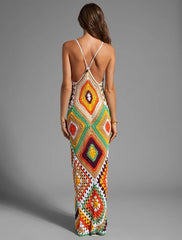 Elegant knit Firework Plaid Acrylic Beach Style Maxi Dress