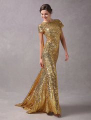 Evening Dresses Light Gold Mermaid Short Sleeve Formal Dress With Train
