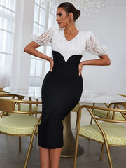 V-Neck Short Sleeves Two-Tone Semi Formal Dress