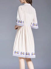 Skater High Collar Short Sleeves Printed Embroidered Casual Fit And Flare Dress