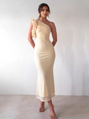 Elegant Ruffles One-Shoulder Cutout Waist Mermaid Long Dress