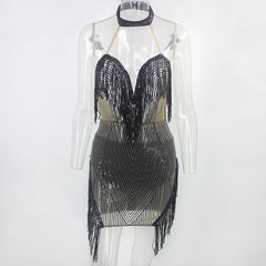 Hollow Out Halter Club Backless Short Glitter Mini Dress
