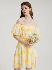 Floral Print Chiffon Lantern Sleeve Off The Shoulder Tie Dress