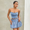 Retro Denim Off-Shoulder Corset Crop Tops Mini Pleated Skirts Two-Piece