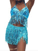 Belly Dance Top Bra Belt Latin Sequin Fringe Halter Hip Skirt Party Costume 4 Layer Tassel Two Piece Set