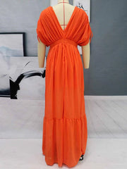 Elegant Pleated V-Neck Short Sleeves Backless Long Maxi Dress