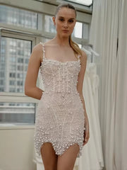 Gorgeous Stunning Sleeveless Pearl Short Wedding Mini Dress