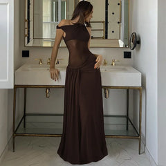 Elegant Inclined Shoulder Backless Sleeveless See Through Draped Club Long Dress