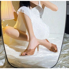 Luxury Lace Crochet Mule Slipper Brand Design Point Toe High Heel