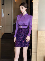 Elegant Formal Occasion 2-Piece Shirt Sequin Slim Pencil Short Dress