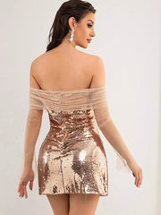 Elegant Sequin Bateau Neck Off-Shoulder Night Out Mini Dress