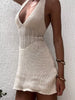 Casual Knitted Deep V-neck Halter Off Shoulder Patchwork Solid Color Tie-up Backless Mini Dress