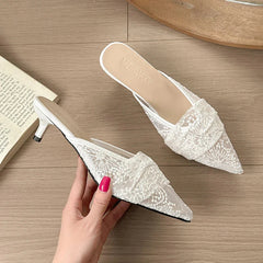 French Mesh Breathable Closed Toe Half Slippers for Outdoor Wear with Skirt Sandals Low Heel